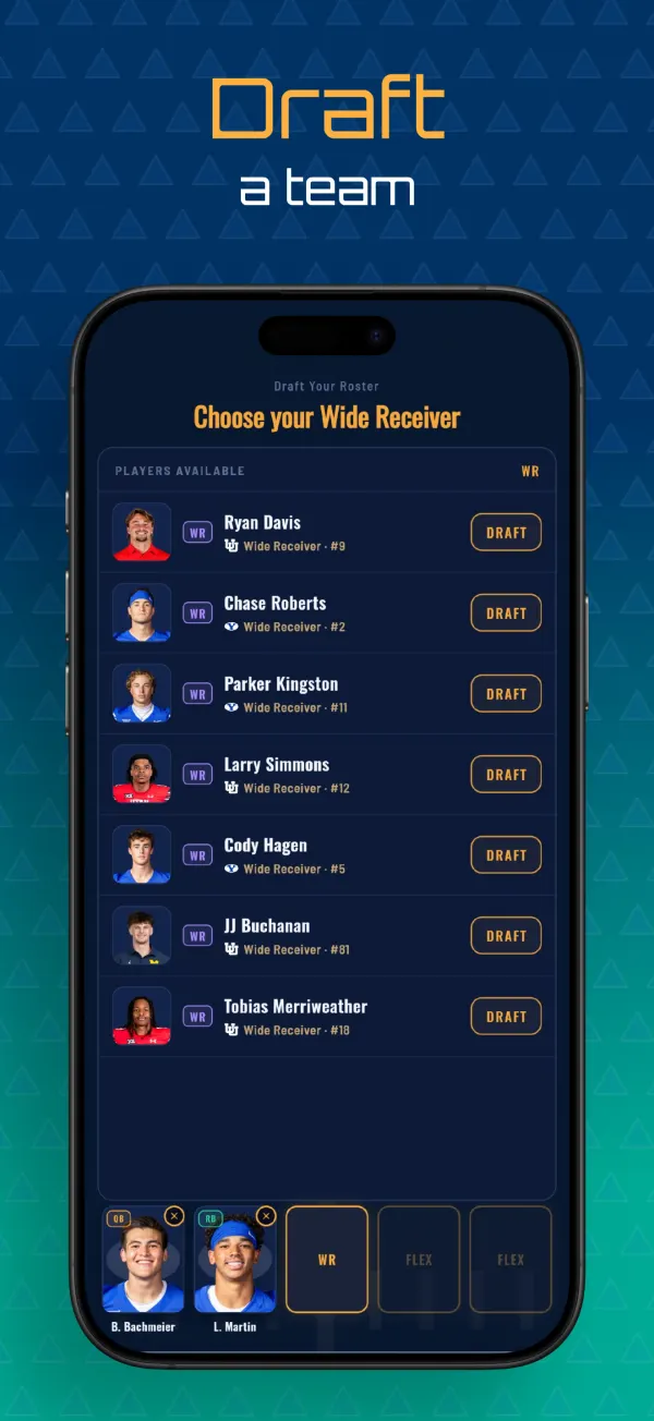 The BeThere draft screen: choosing a wide receiver for your roster
