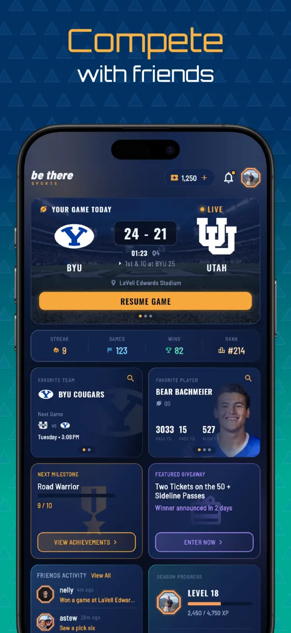 The BeThere home screen: your live game, friends’ activity and a featured giveaway